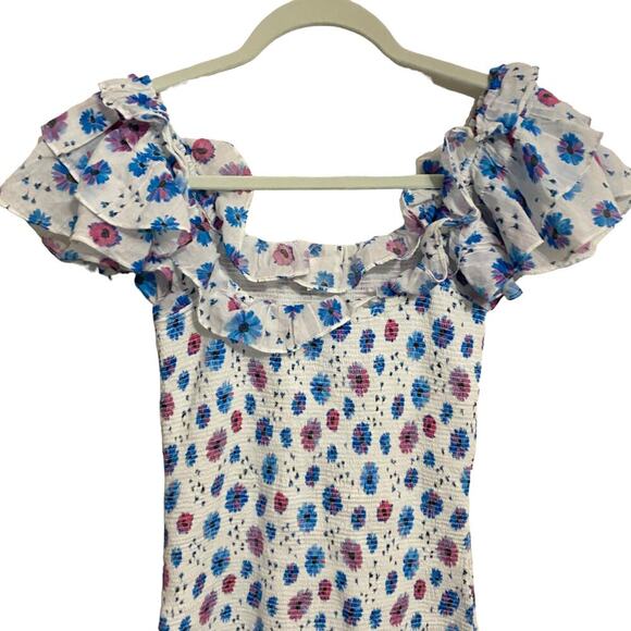 LoveShackFancy Kodie Dress Smocked Flutter Sleeve Blue Printed  L - Picture 5 of 12
